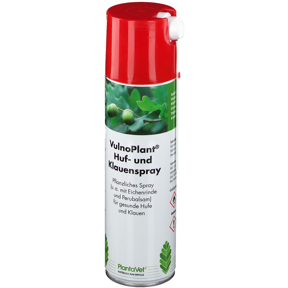 Spraydose mit rotem Deckel. Aufschrift: VulnoPlant Huf- und Klauenspray. Pflanzliches Spray für gesunde Hufe und Klauen.