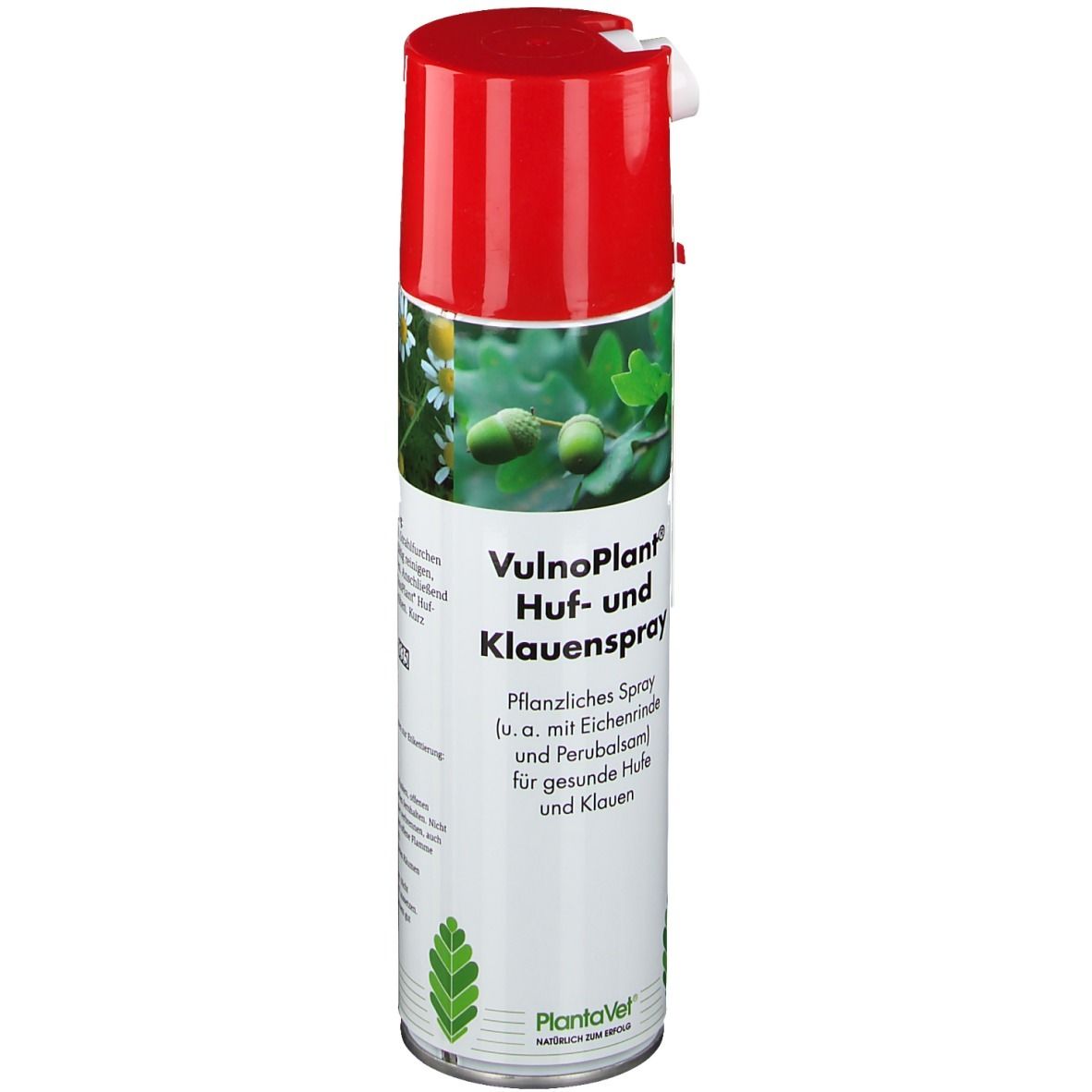 Spraydose mit rotem Deckel. Aufschrift: VulnoPlant Huf- und Klauenspray. Pflanzliches Spray für gesunde Hufe und Klauen.