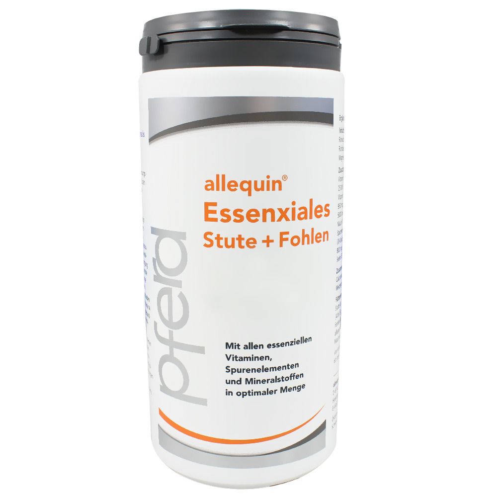 Weiße Dose mit schwarzem Deckel. Aufschrift: allequin® Essenxiales Stute + Fohlen. Logo: Pferd.