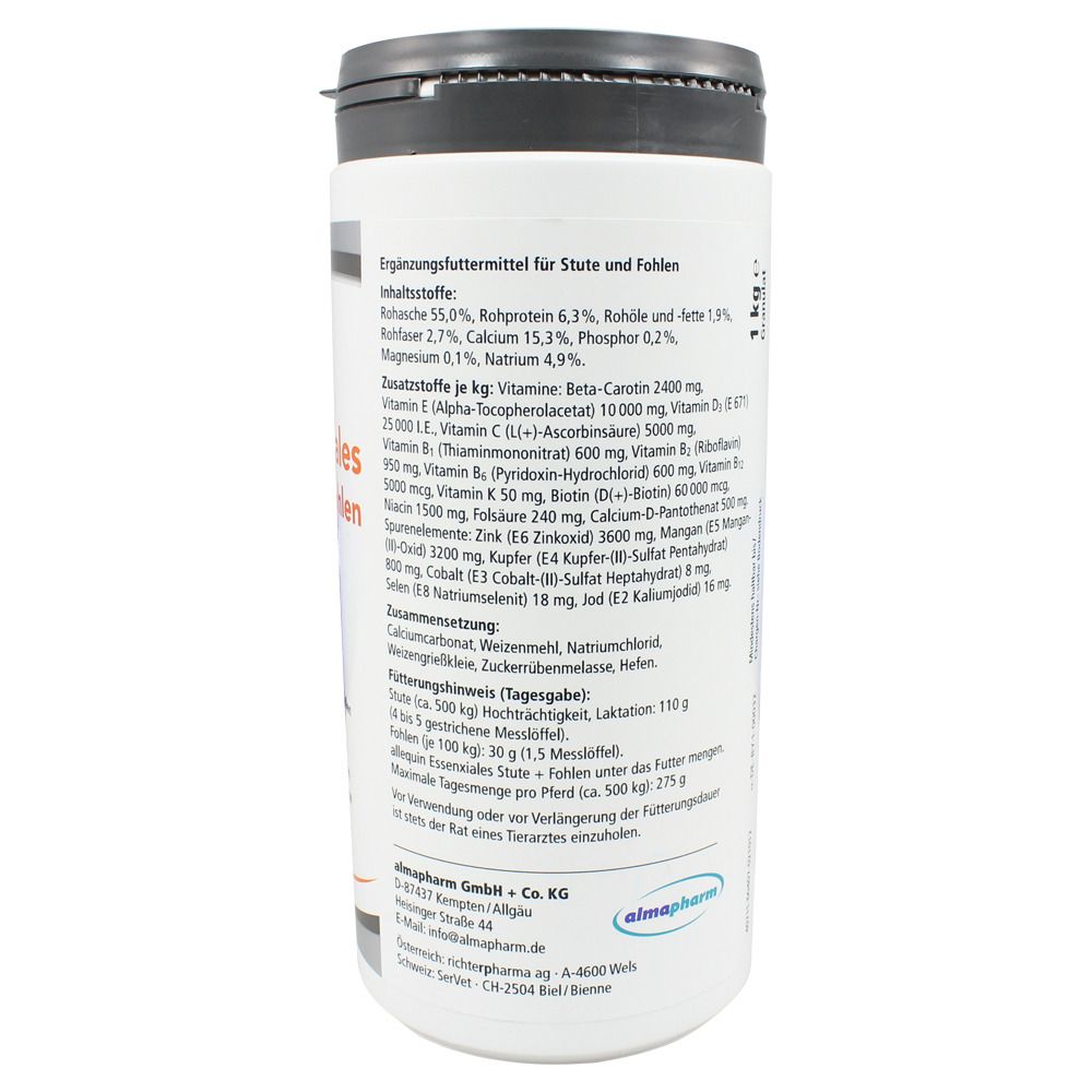 Weiße Dose mit schwarzem Deckel. Text auf der Rückseite: Ergänzungsfuttermittel für Stute und Fohlen.
