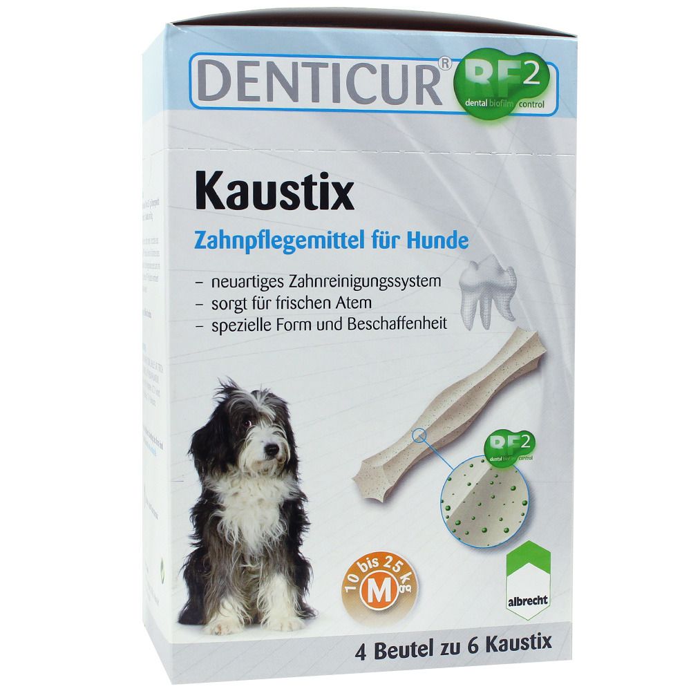 Verpackung von Denticur® RF2 Kaustix M. Enthält 4 Beutel mit je 6 Kaustix. Abbildung eines Hundes und eines Zahnpflegemittels.