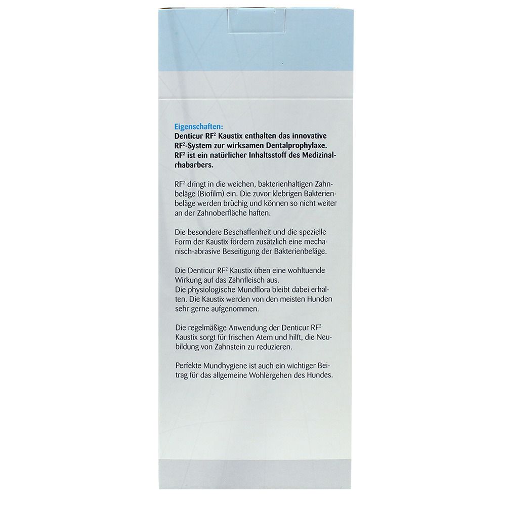 Text auf der Seite der Denticur® RF2 Kaustix M Verpackung. Beschreibt Eigenschaften und Vorteile des Produkts für Hunde.