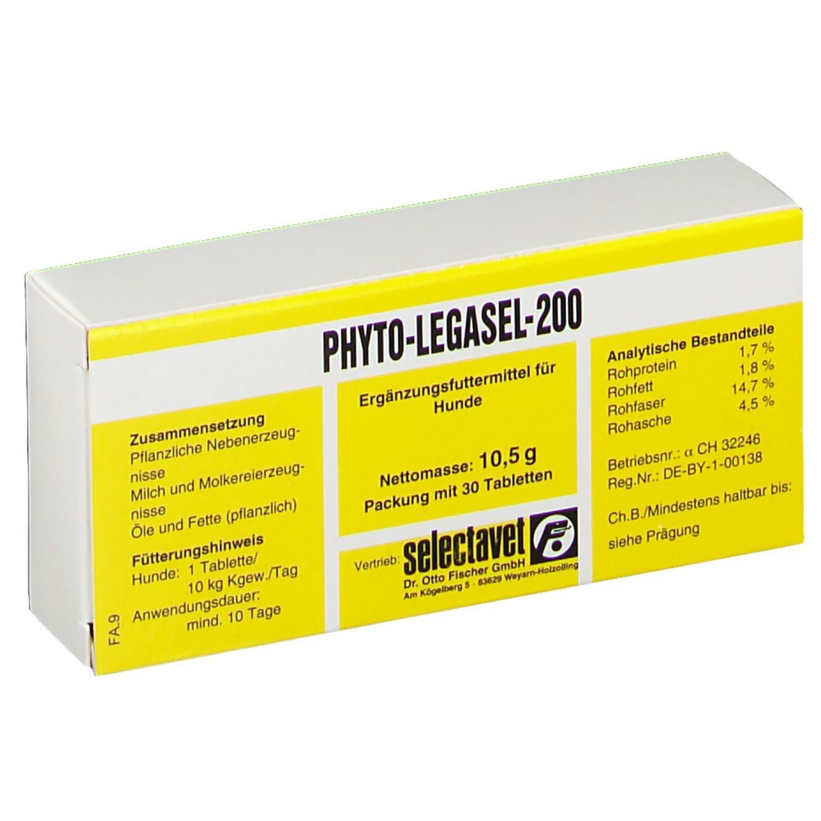 Karton PHYTO-LEGASEL-200. Gelb-weiße Verpackung mit Produktinformationen und Logo. Enthält 30 Tabletten.
