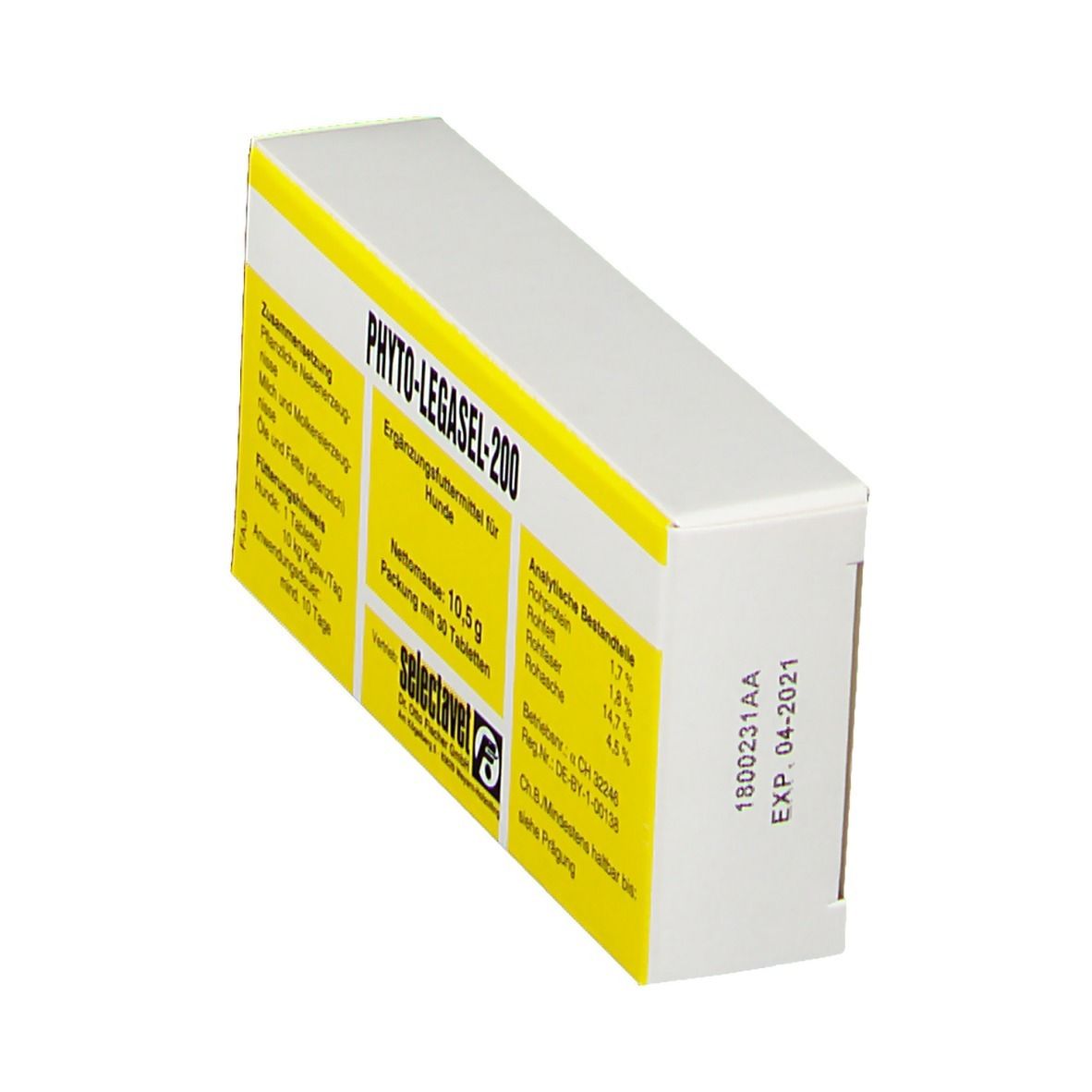 Schrägansicht der Verpackung PHYTO-LEGASEL-200. Gelb-weiße Schachtel mit Produktinformationen. Aufdruck: Haltbarkeit bis 04-2021.