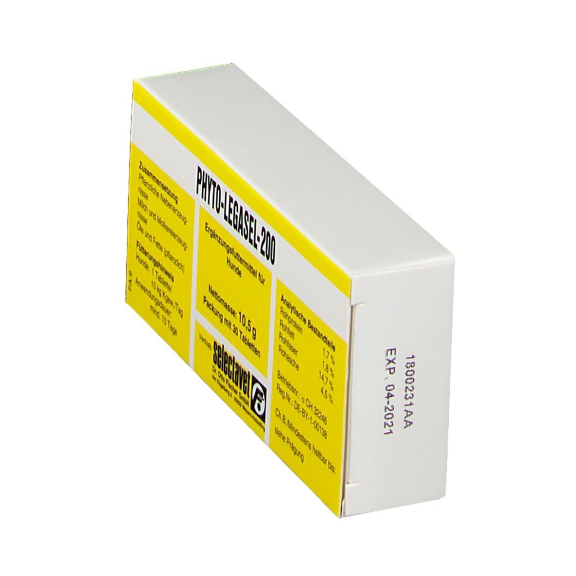 Schrägansicht der Verpackung PHYTO-LEGASEL-200. Gelb-weiße Schachtel mit Produktinformationen. Aufdruck: Haltbarkeit bis 04-2021.