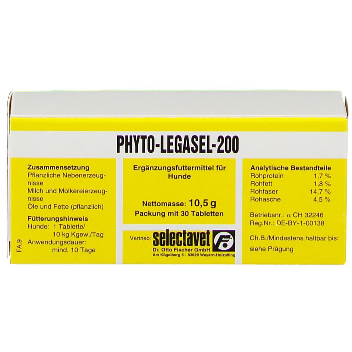 Karton PHYTO-LEGASEL-200. Gelb-weiße Verpackung mit Produktinformationen und Logo. Enthält 30 Tabletten.