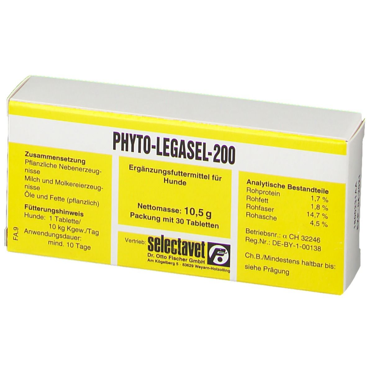 Karton PHYTO-LEGASEL-200. Gelb-weiße Verpackung mit Produktinformationen und Logo. Enthält 30 Tabletten.