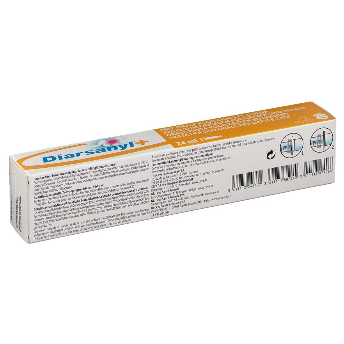 Schachtel Diarsanyl+ mit Text und Illustrationen. Orange-weißes Design. 24 ml.