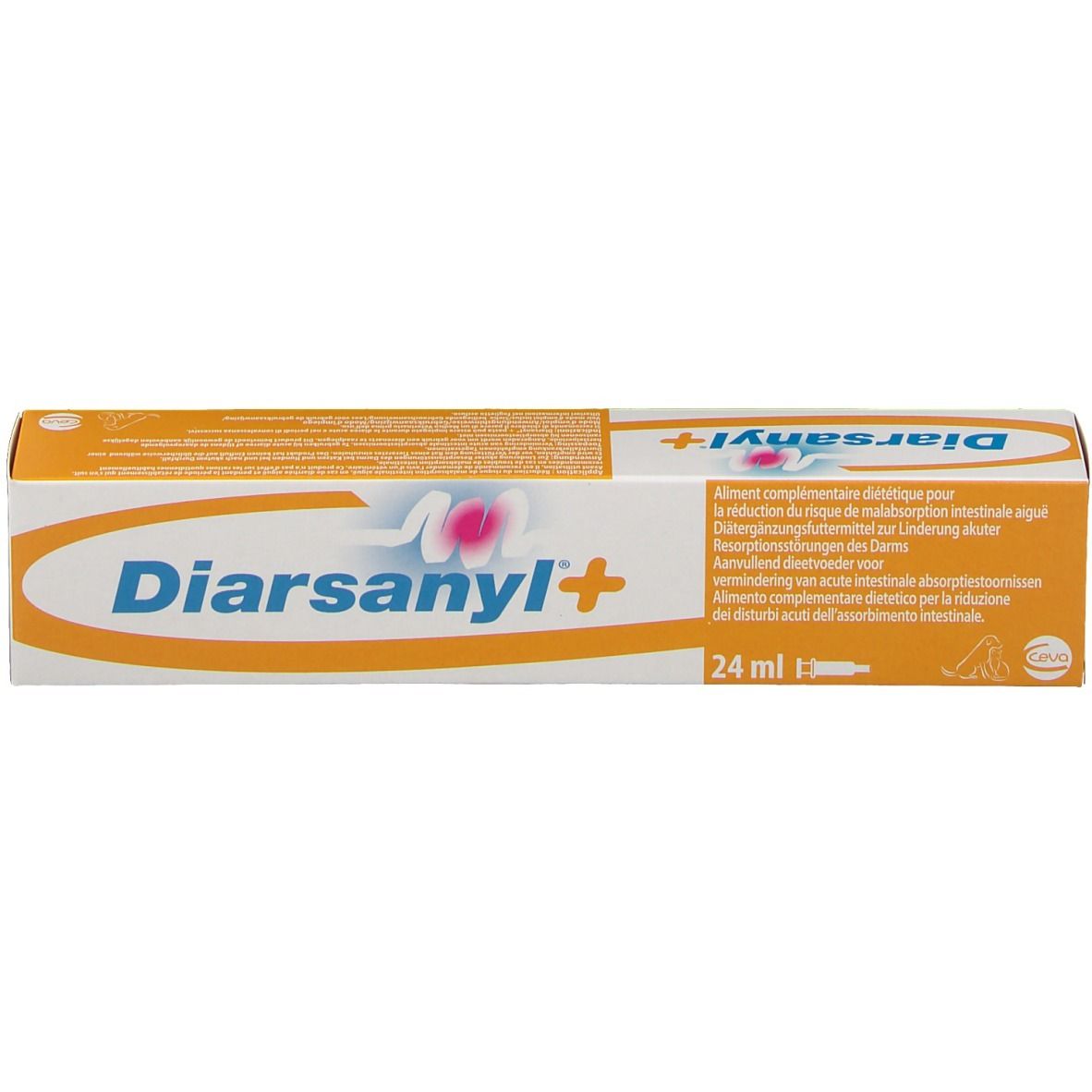 Schachtel Diarsanyl+ mit Text. Orange-weißes Design. 24 ml.