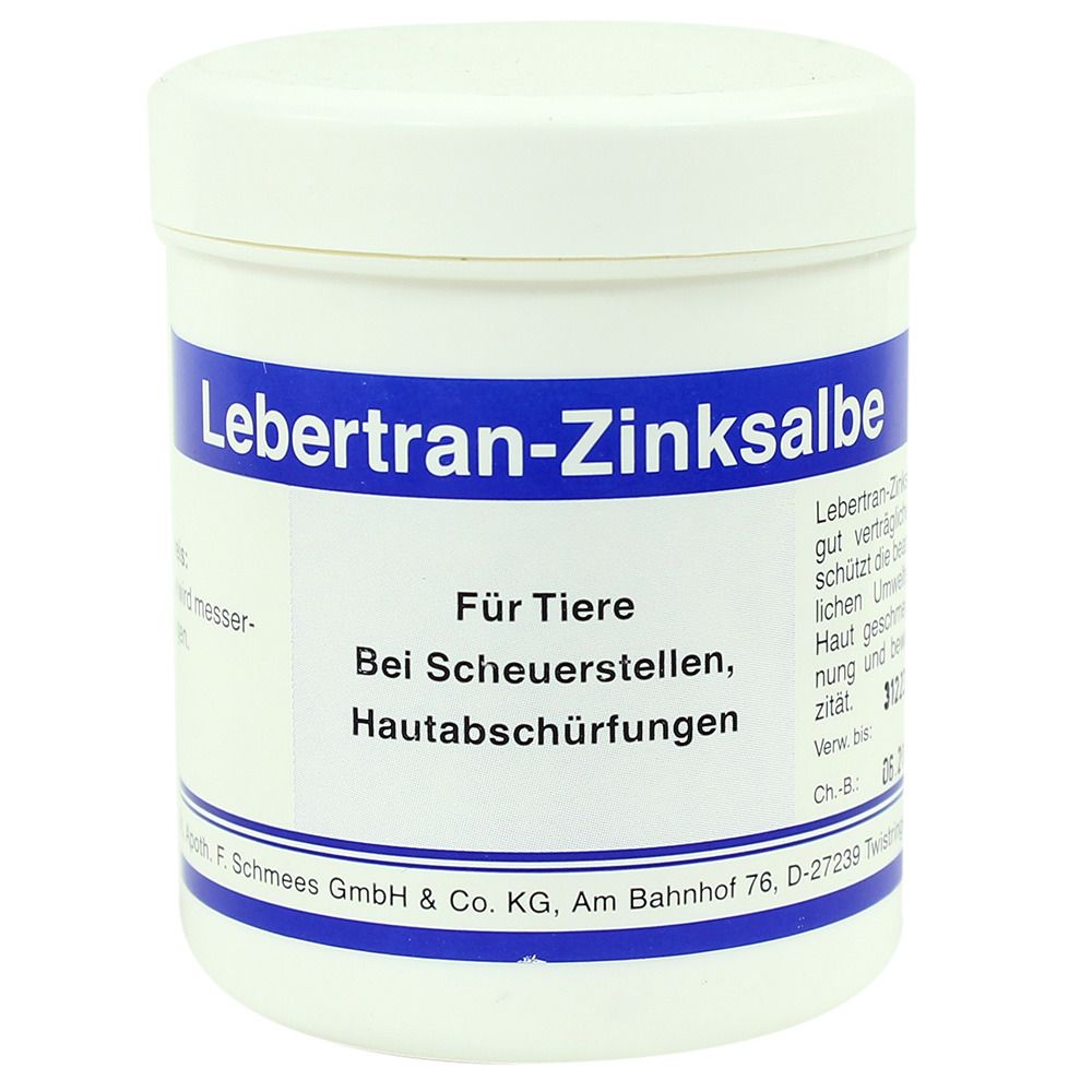 Weißer Tiegel mit blauem Streifen. Aufschrift: Lebertran-Zinksalbe für Tiere. Bei Scheuerstellen, Hautabschürfungen.