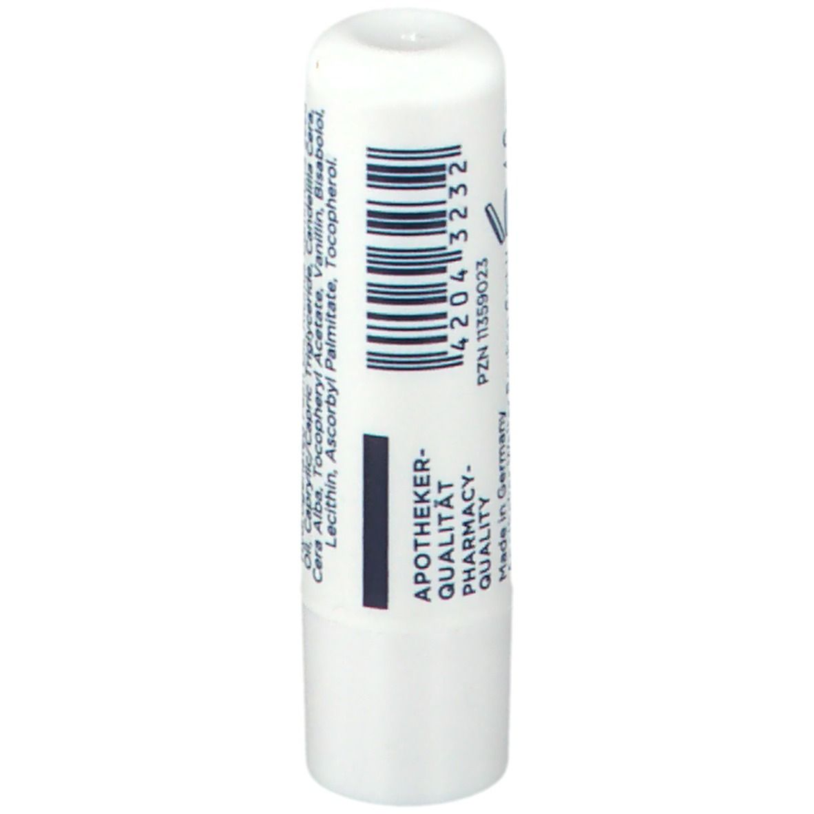 Weißer Lippenpflegestift mit Barcode und Text. Apotheker-Qualität. Pharmacy-Quality. Made in Germany. PZN 11359023.