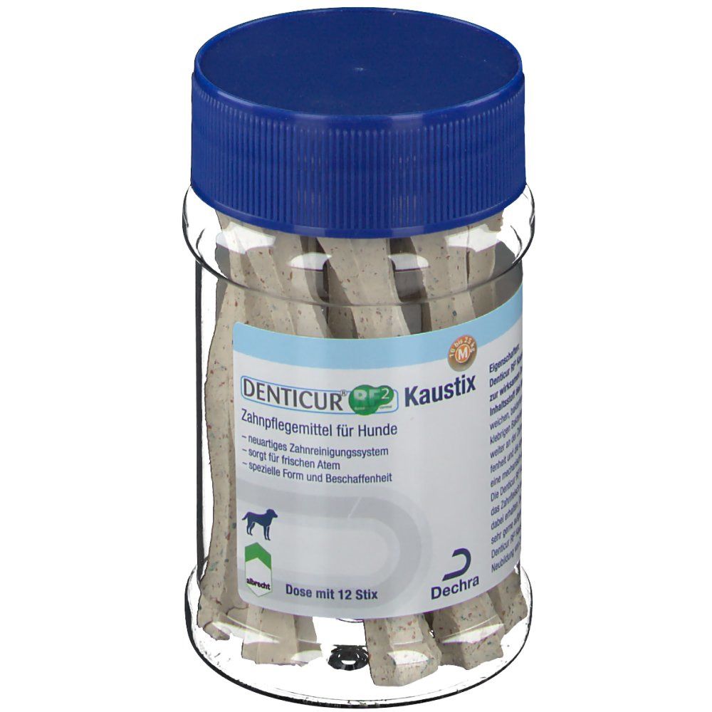 Transparente Dose mit blauer Kappe, gefüllt mit hellgrauen Kausticks. Aufkleber mit Produktname, Logo und Text. Dose mit 12 Sticks.