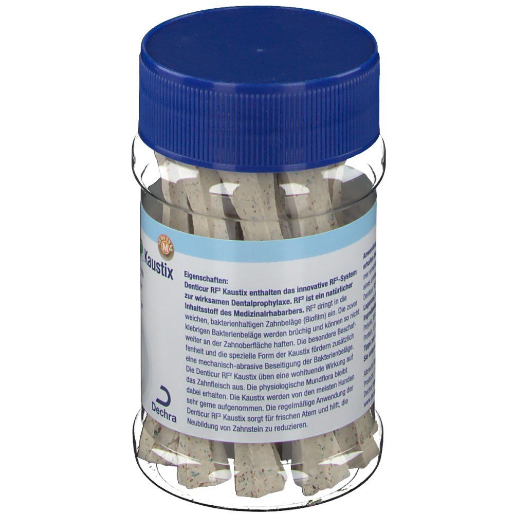 Transparente Dose mit blauer Kappe, gefüllt mit hellgrauen Kausticks. Aufkleber mit Produktinformationen und Text. Dechra Logo.
