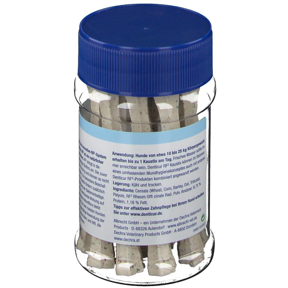 Transparente Dose mit blauer Kappe, gefüllt mit hellgrauen Kausticks. Aufkleber mit Produktinformationen und Text. Dechra Logo.