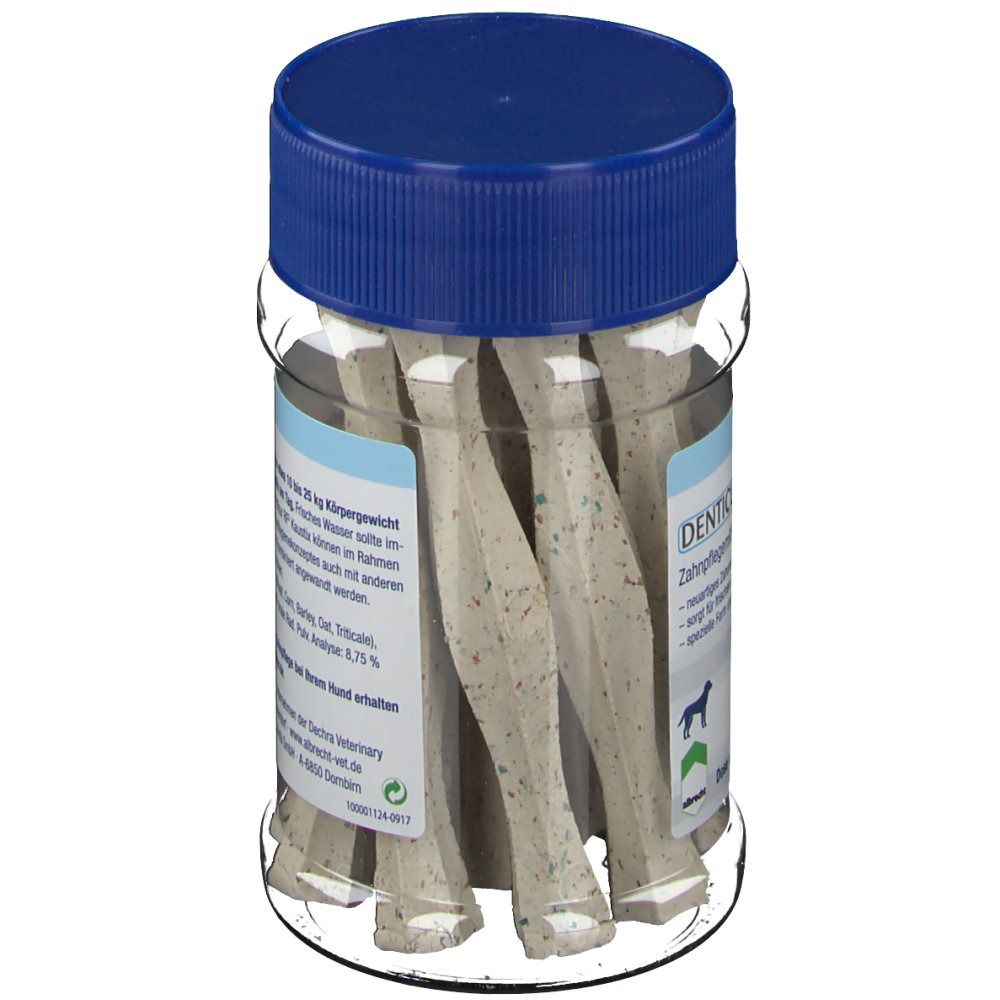 Transparente Dose mit blauer Kappe, gefüllt mit hellgrauen Kausticks. Aufkleber mit Produktinformationen und Text. Dechra Logo.