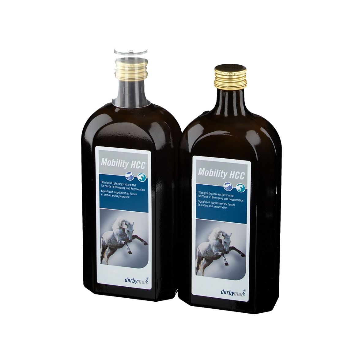 Zwei braune Flaschen mit goldenen Verschlüssen. Etikett mit Produktname Mobility HCC und Pferd-Illustration.
