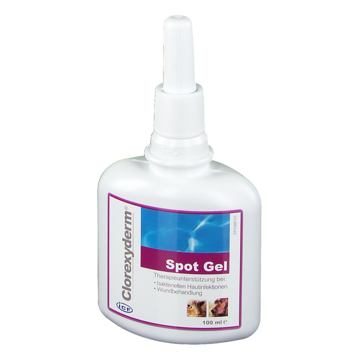 Weiße Flasche mit Spot Gel-Etikett. Enthält Text und Abbildungen von Tieren. Mit Dosierspitze.