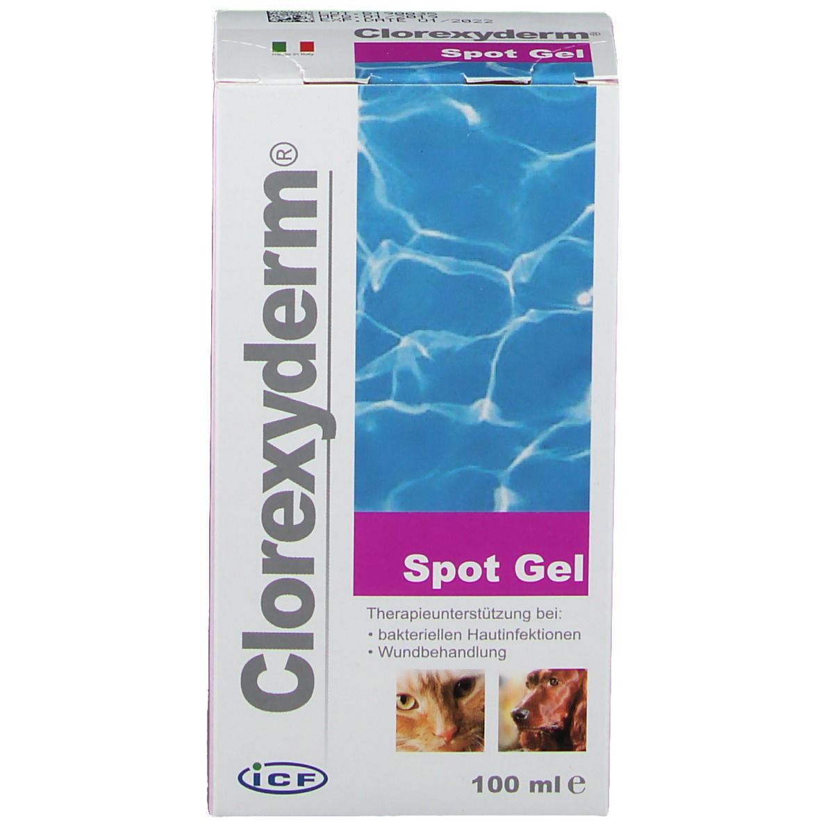 Produktverpackung. Box mit Spot Gel-Logo und Text. Enthält Text und Abbildungen von Tieren.