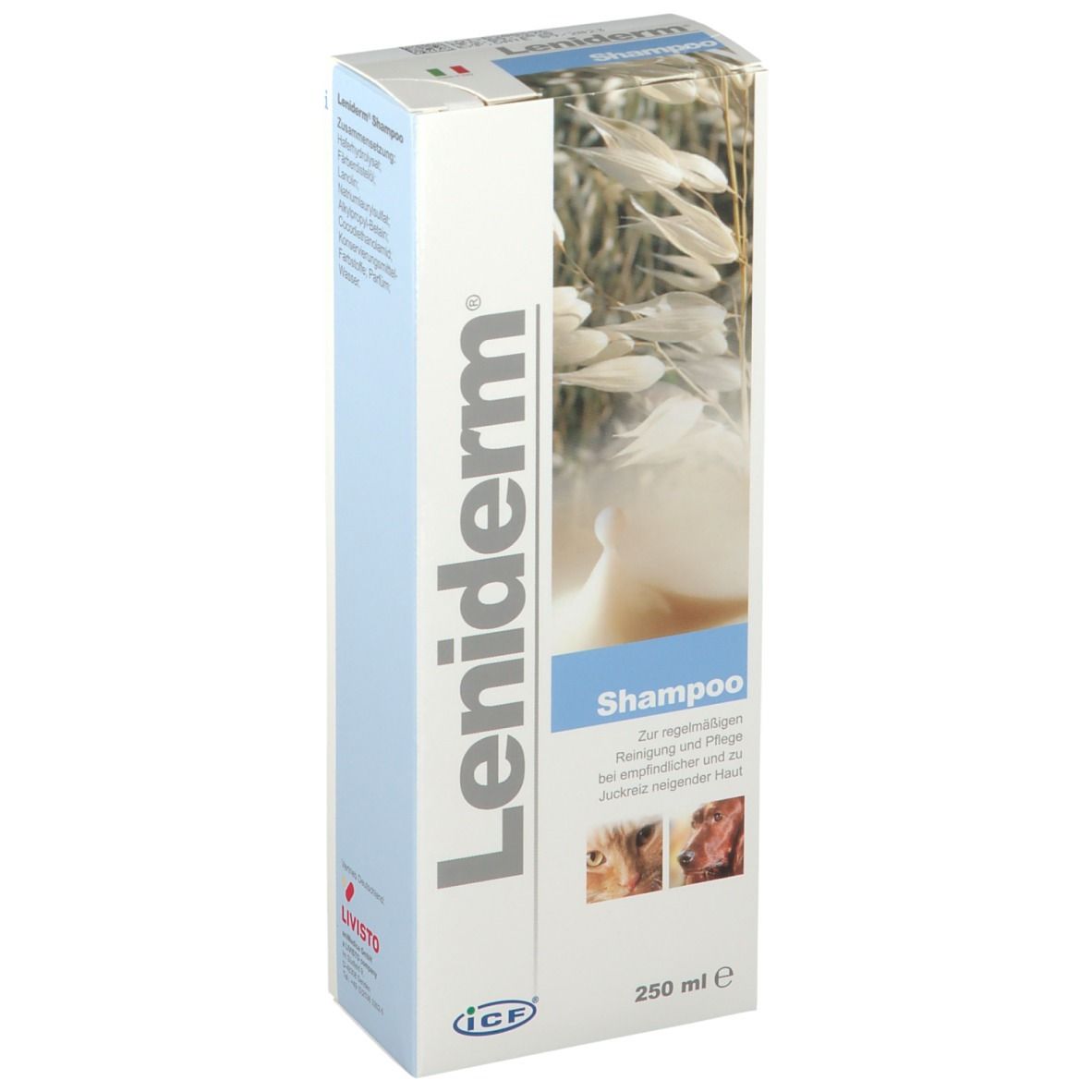 Schachtel mit Leniderm Shampoo. Weiß, blau und hellbraun. Text: Shampoo, 250 ml. Abbildungen von Tieren.