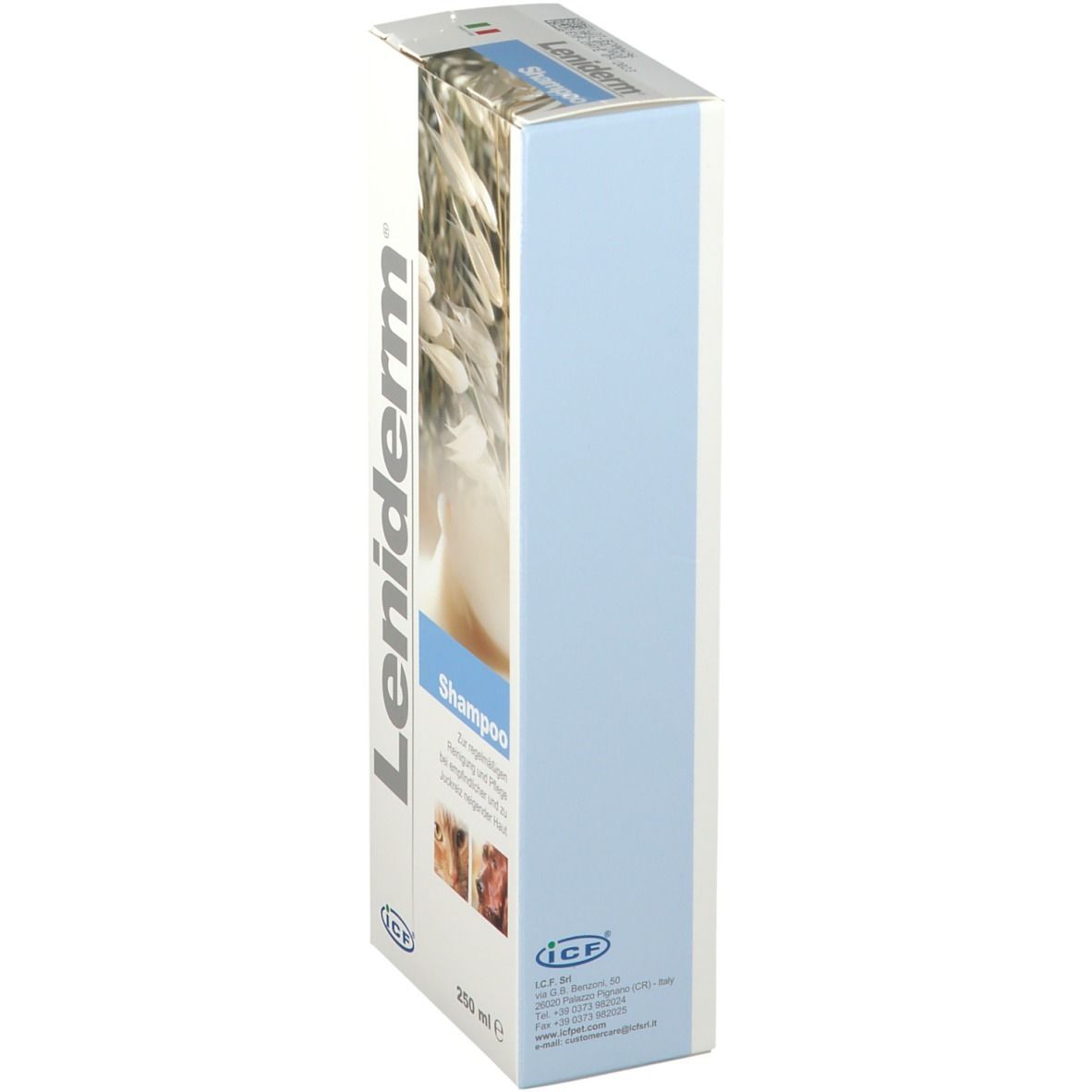 Schachtel Leniderm Shampoo, schräg. Weiß, blau und beige. Text: Shampoo, 250 ml. Abbildungen von Tieren.