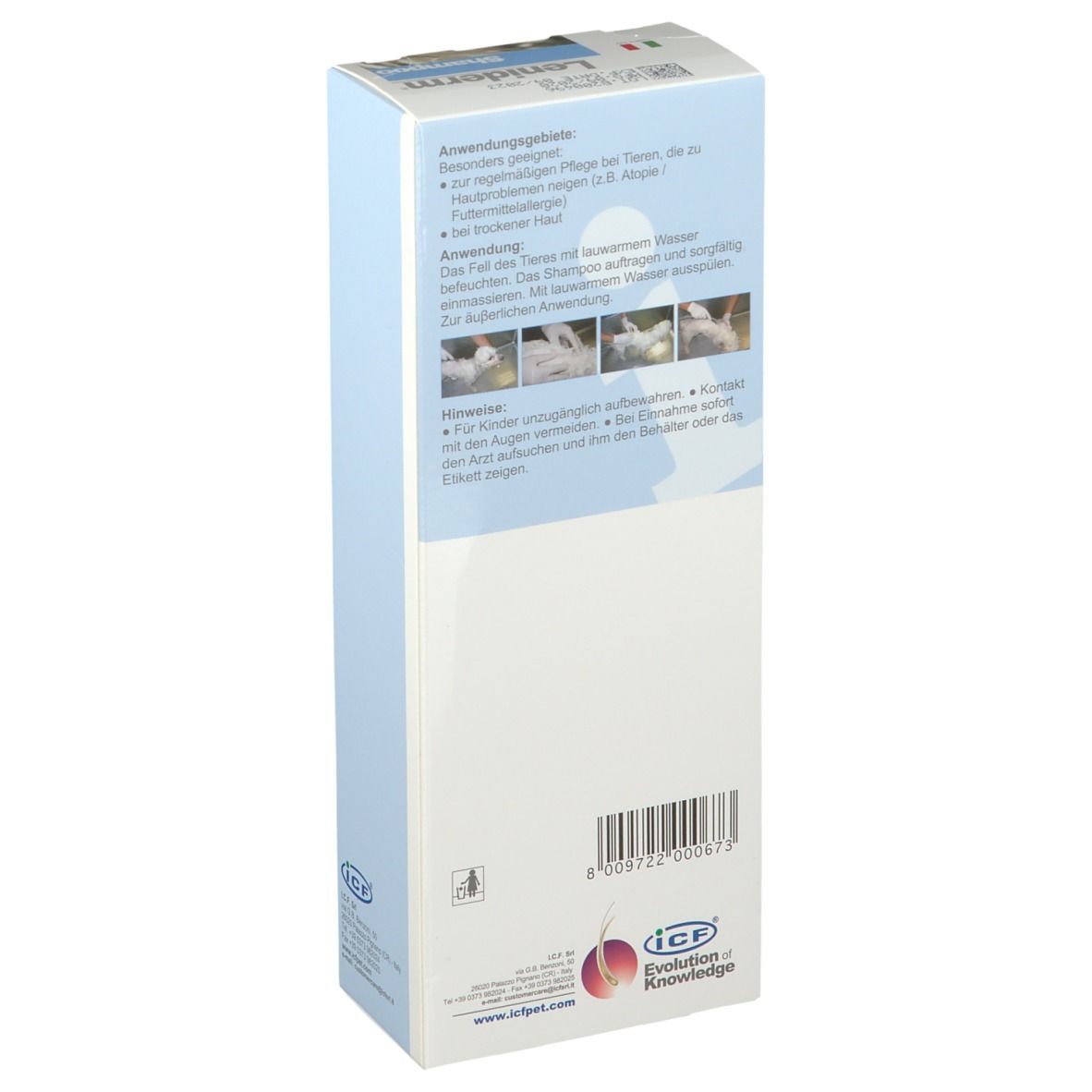 Rückseite der Leniderm Shampoo-Schachtel. Text in Deutsch. Enthält Anwendungs- und Inhaltsangaben. Logo.