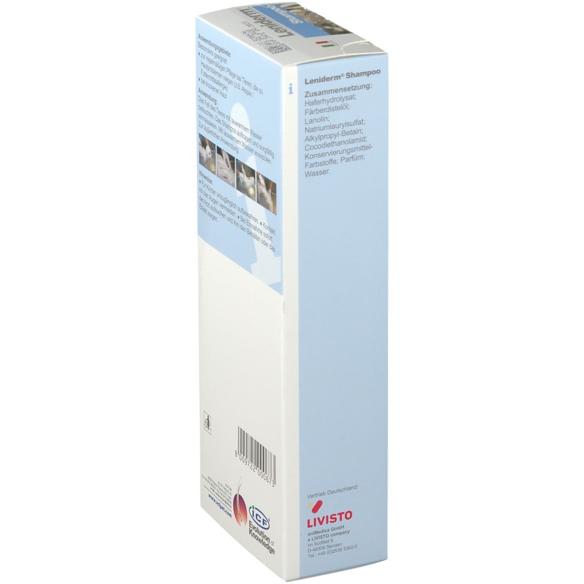 Seite der Leniderm Shampoo-Schachtel. Text in Deutsch. Enthält Inhaltsangaben. Logo.