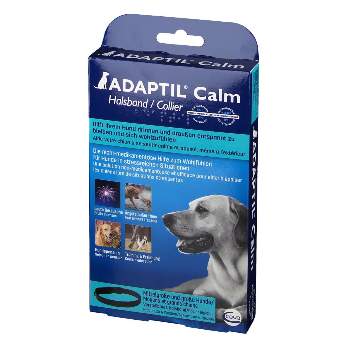 Verpackung von ADAPTIL® Halsband. Blauer Karton mit Produktname und Hund auf der Vorderseite. Enthält ein schwarzes Halsband.