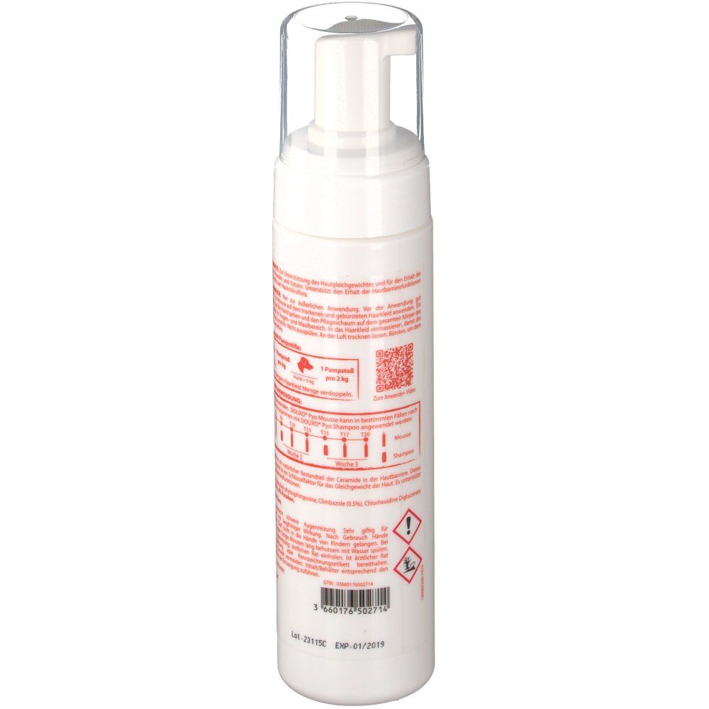 Weiße Flasche, Rückseite. Roter Text mit Informationen. Klare Kappe. QR-Code und Warnhinweise.
