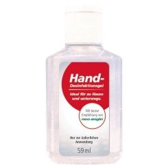Hand-Desinfektionsgel, transparente Flasche mit weißem Deckel. Rotes Etikett mit Text. 59 ml.