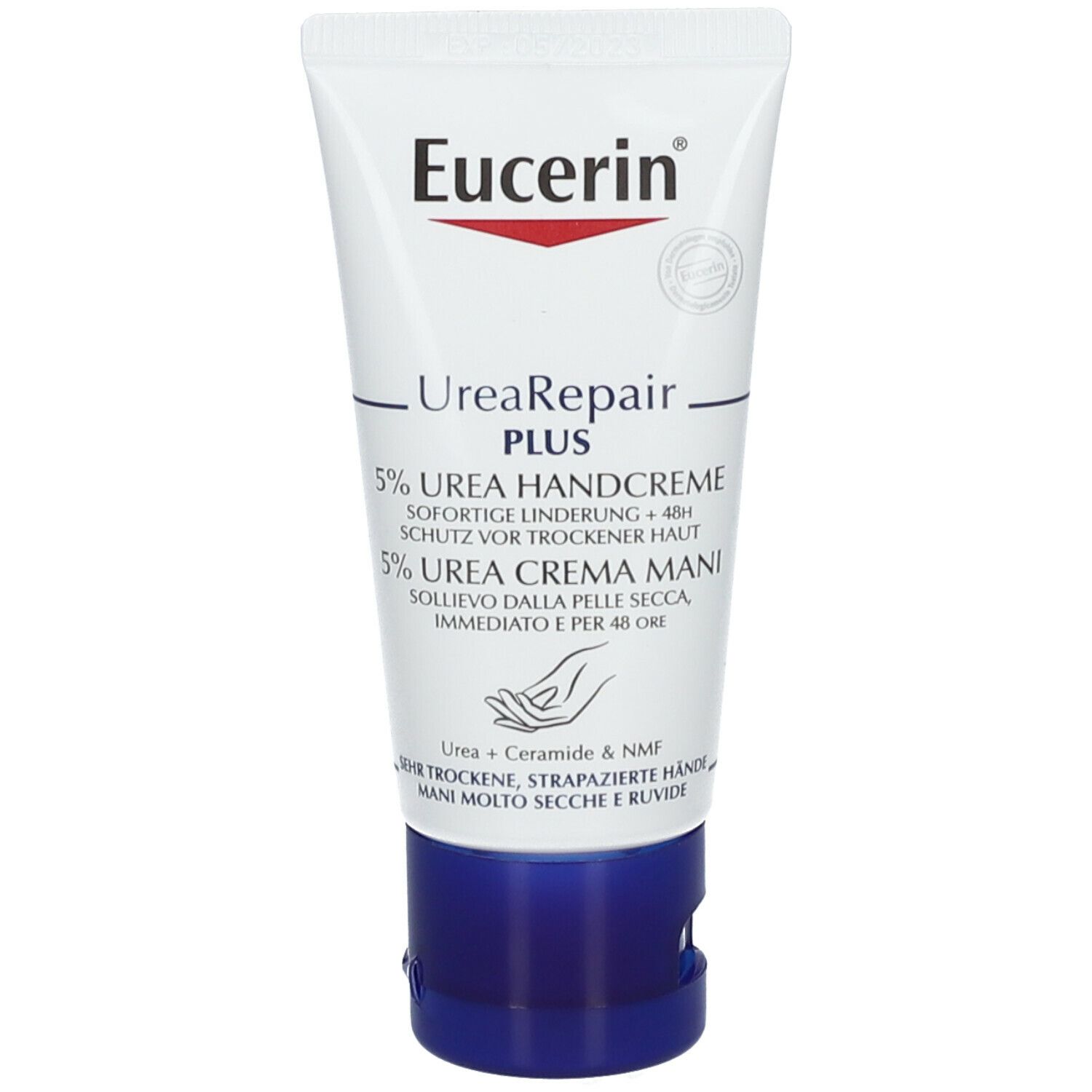 Weiße Tube mit blauem Verschluss. Aufschrift: Eucerin, UreaRepair PLUS 5% UREA HANDCREME. Enthält 5% Urea.