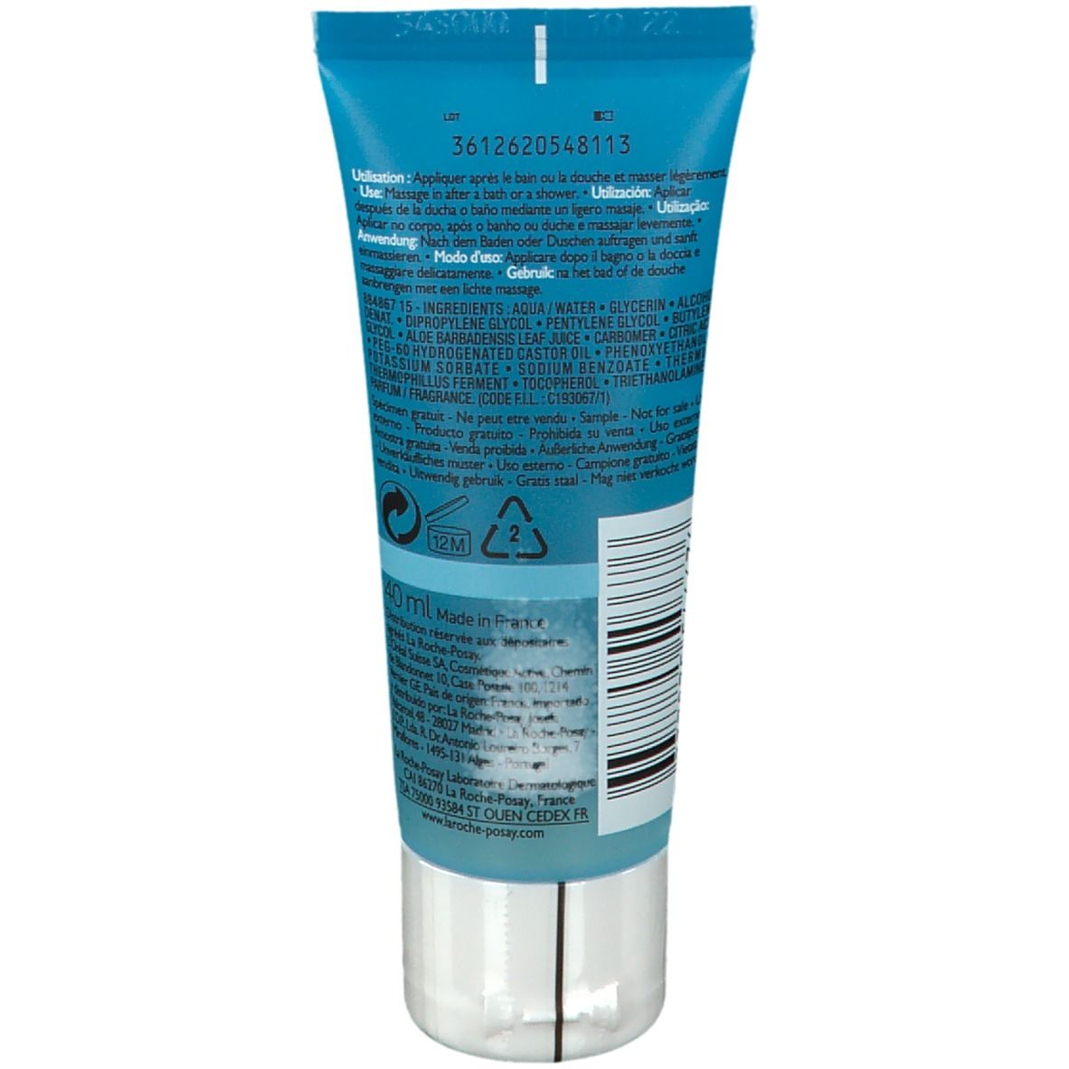 Rückseite der Tube. Aufschrift: La Roche-Posay, Inhaltsstoffe, Gebrauchsanweisung. 50 ml. Hergestellt in Frankreich.