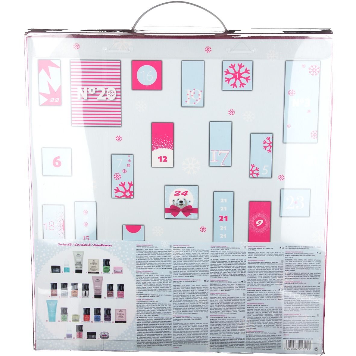 Rückseite des Adventskalenders mit nummerierten Türchen und Produktabbildungen. Text und Marke: alessandro.