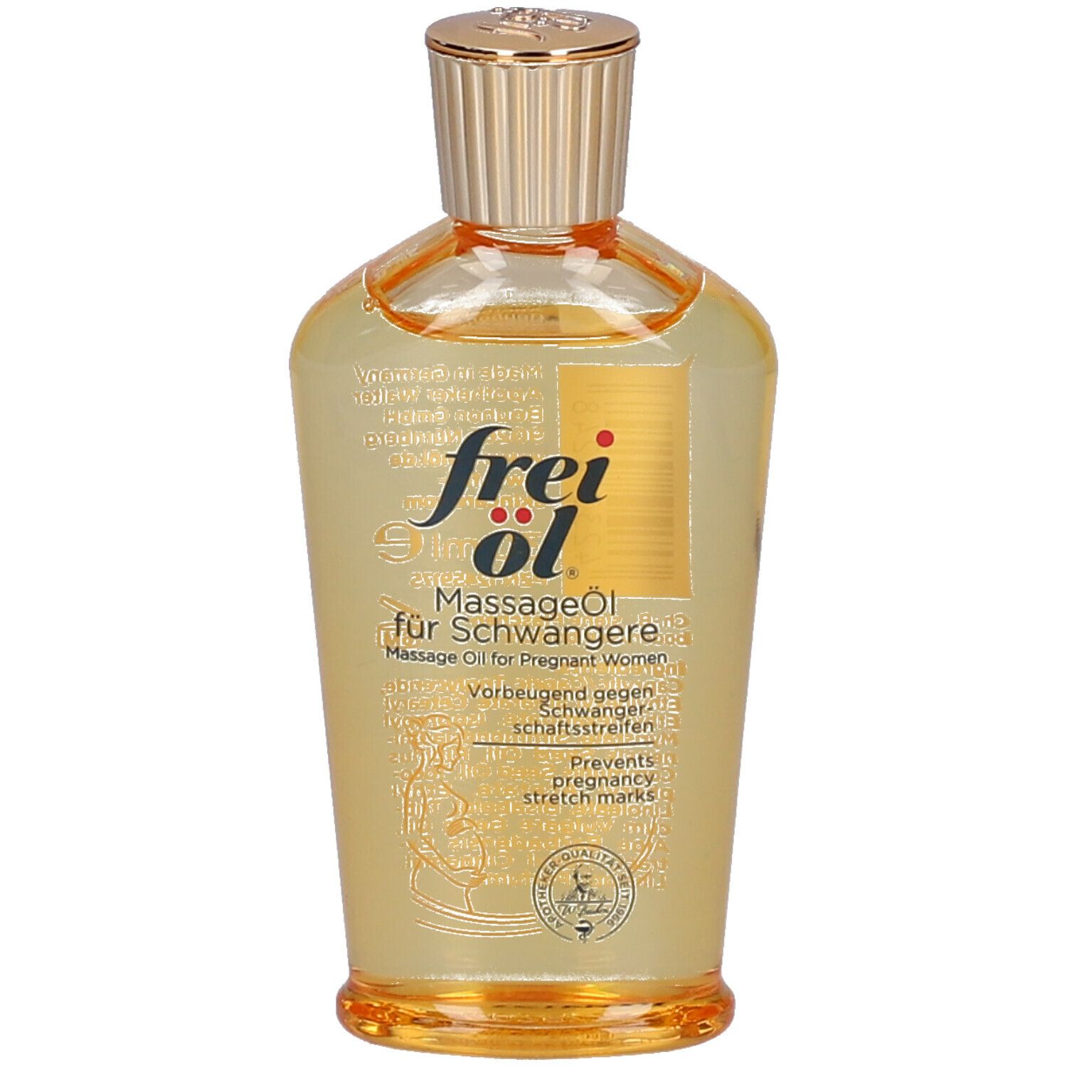 Klarflüssiges Öl in einer Flasche mit goldenem Verschluss. Aufschrift: frei öl Massageöl für Schwangere. Mit Qualitätszeichen.