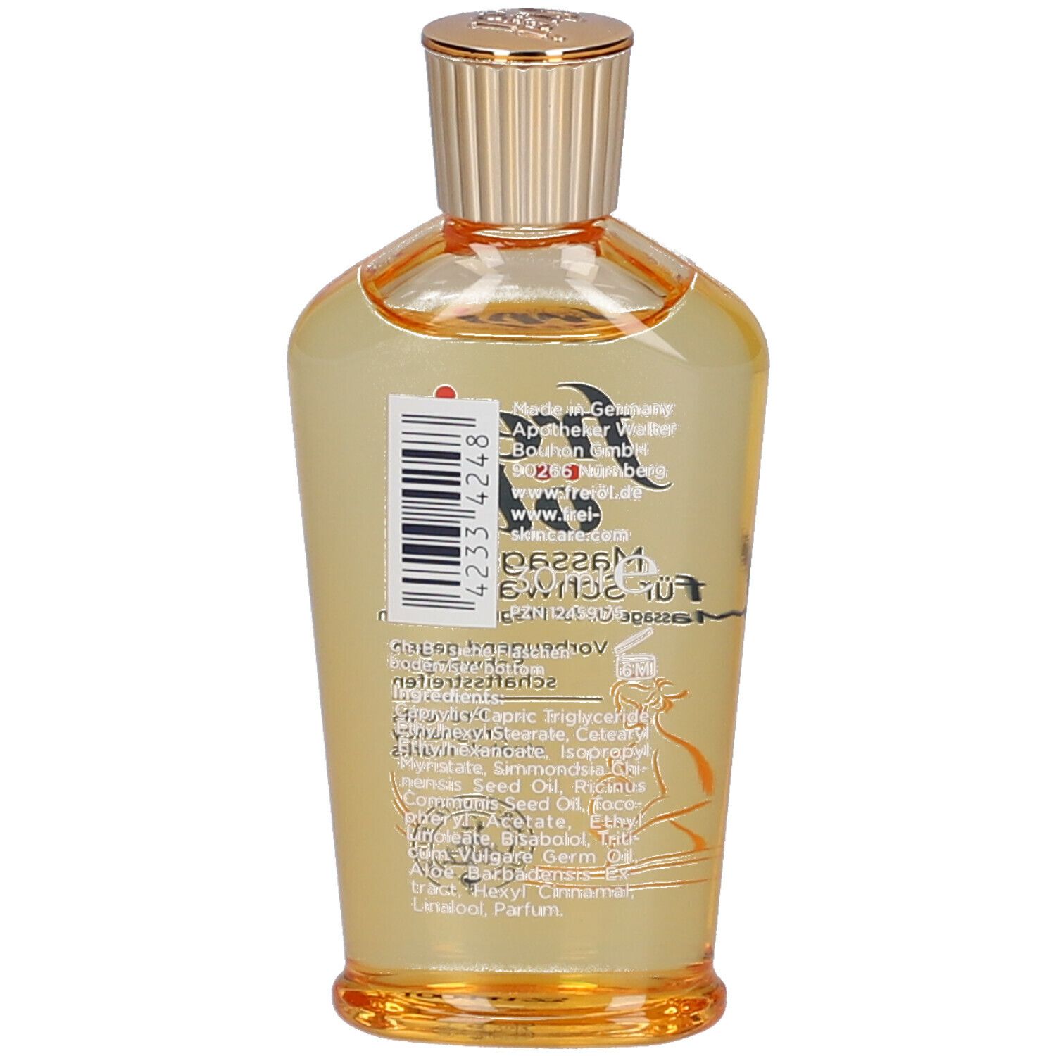 Rückansicht der Ölflasche. Etikett mit Inhaltsstoffen, Barcode und Logo. Goldener Verschluss.