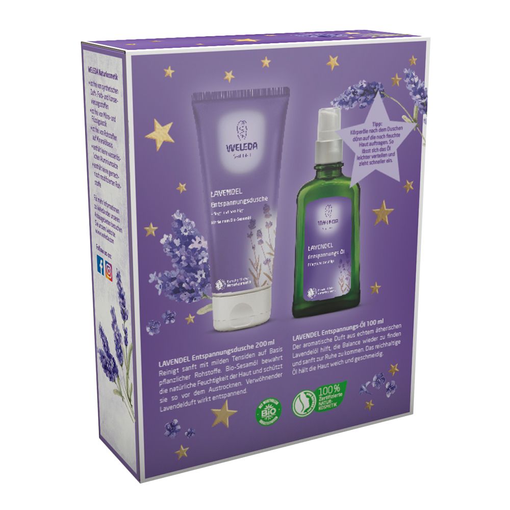 Rückseite der Geschenkbox. Enthält Lavendel Entspannungsdusche und Öl. Text: LAVENDEL Entspannungsdusche 200 ml, LAVENDEL Entspannungs-Öl 100 ml. Bio-Siegel.