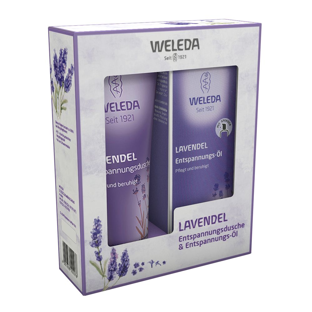 Geschenkbox mit Sichtfenster. Enthält Lavendel Entspannungsdusche und Öl. Aufschrift: WELEDA, LAVENDEL Entspannungsdusche & Entspannungs-Öl.