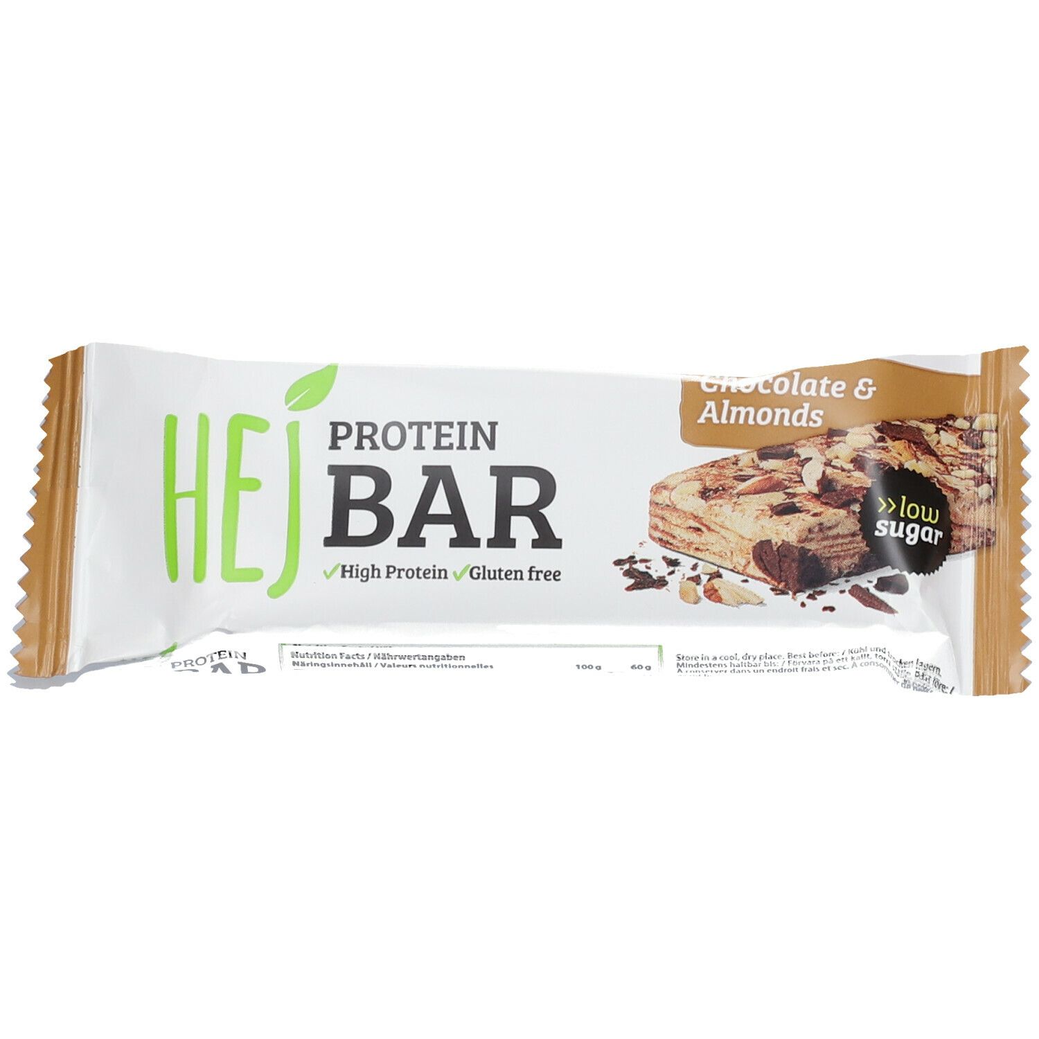 Proteinriegel Hejbar, weiß-braune Verpackung. Aufschrift: Protein Bar, Chocolate & Almonds, glutenfrei, wenig Zucker.