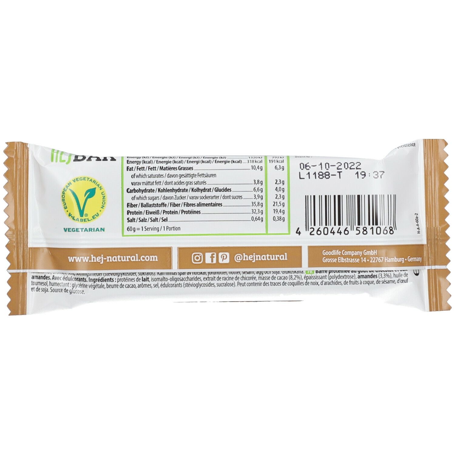 Rückseite der Hejbar Proteinriegel-Verpackung. Enthält Nährwertangaben, Zutatenliste, Mindesthaltbarkeitsdatum und Barcode.