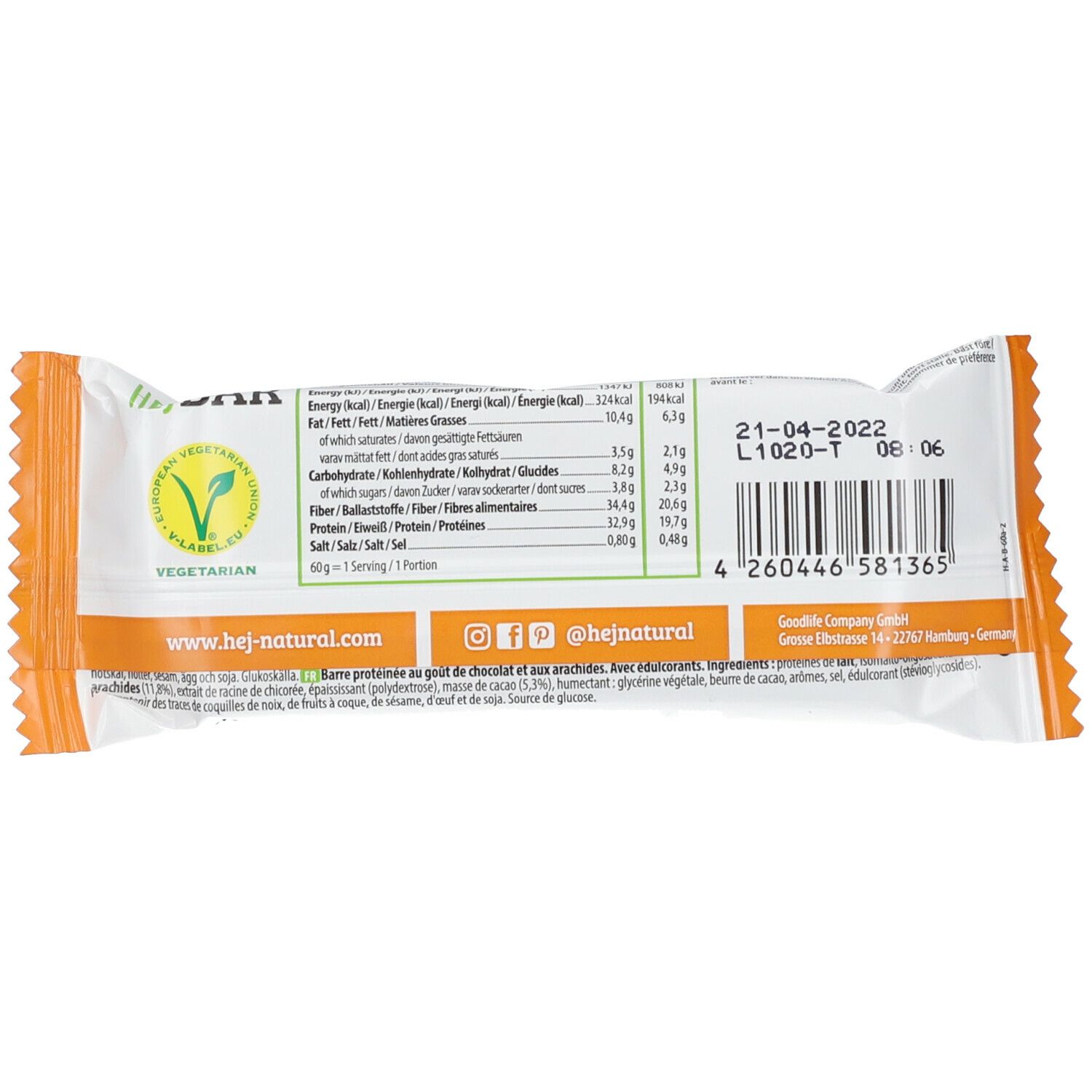Verpackte Hejbar-Riegel. Aufschrift: Vegetarisch, www.hej-natural.com, @hejnatural. Enthält Nährwertangaben und ein Mindesthaltbarkeitsdatum.