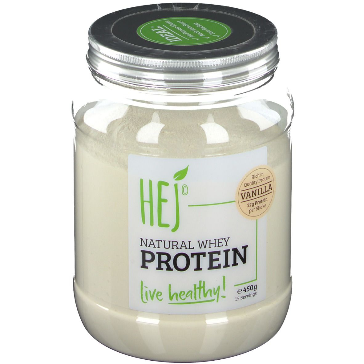 Behälter mit Vanille-Whey-Protein-Pulver. Aufschrift: HEJ, Natural Whey Protein, live healthy! 450g, 15 Portionen.