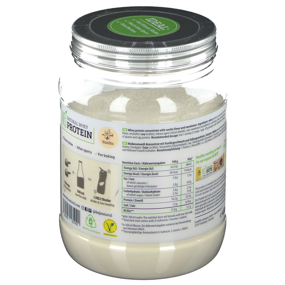 Behälter mit Vanille-Whey-Protein-Pulver. Aufschrift: HEJ, Natural Whey Protein. Nährwertangaben und Zubereitungshinweise.