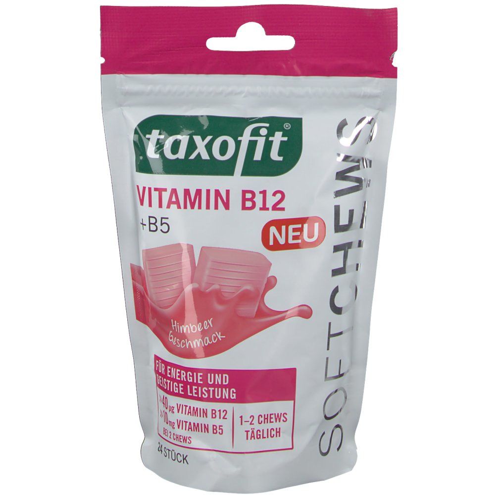 Verpackung von taxofit Vitamin B12+B5 Soft Chews. Rosa Chews-Abbildung. Aufschrift: Himbeer Geschmack, 24 Stück, 1-2 Chews täglich.