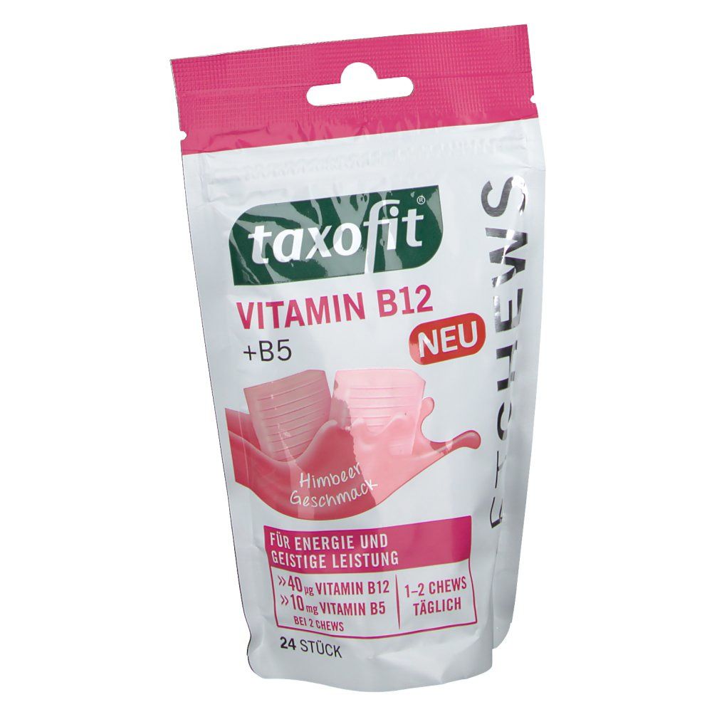 Schräg gestellte Verpackung von taxofit Vitamin B12+B5 Soft Chews. Rosa Chews-Abbildung. Aufschrift: Himbeer Geschmack, 24 Stück.