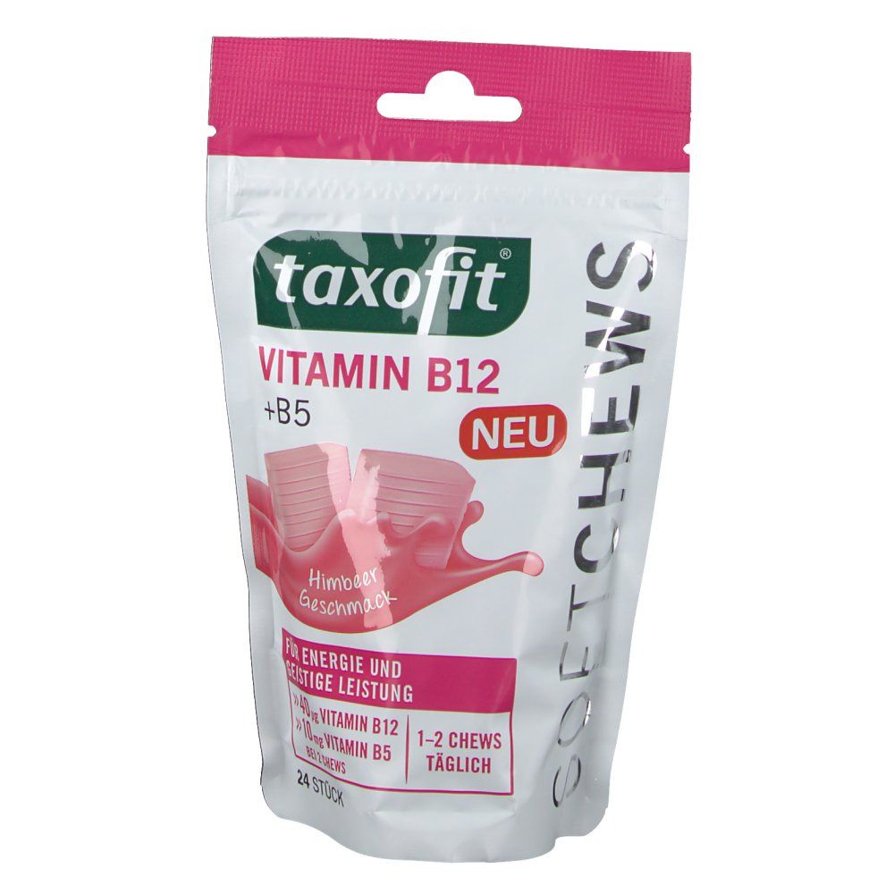 Verpackung von taxofit Vitamin B12+B5 Soft Chews. Rosa Chews-Abbildung. Aufschrift: Himbeer Geschmack, 24 Stück, 1-2 Chews täglich.