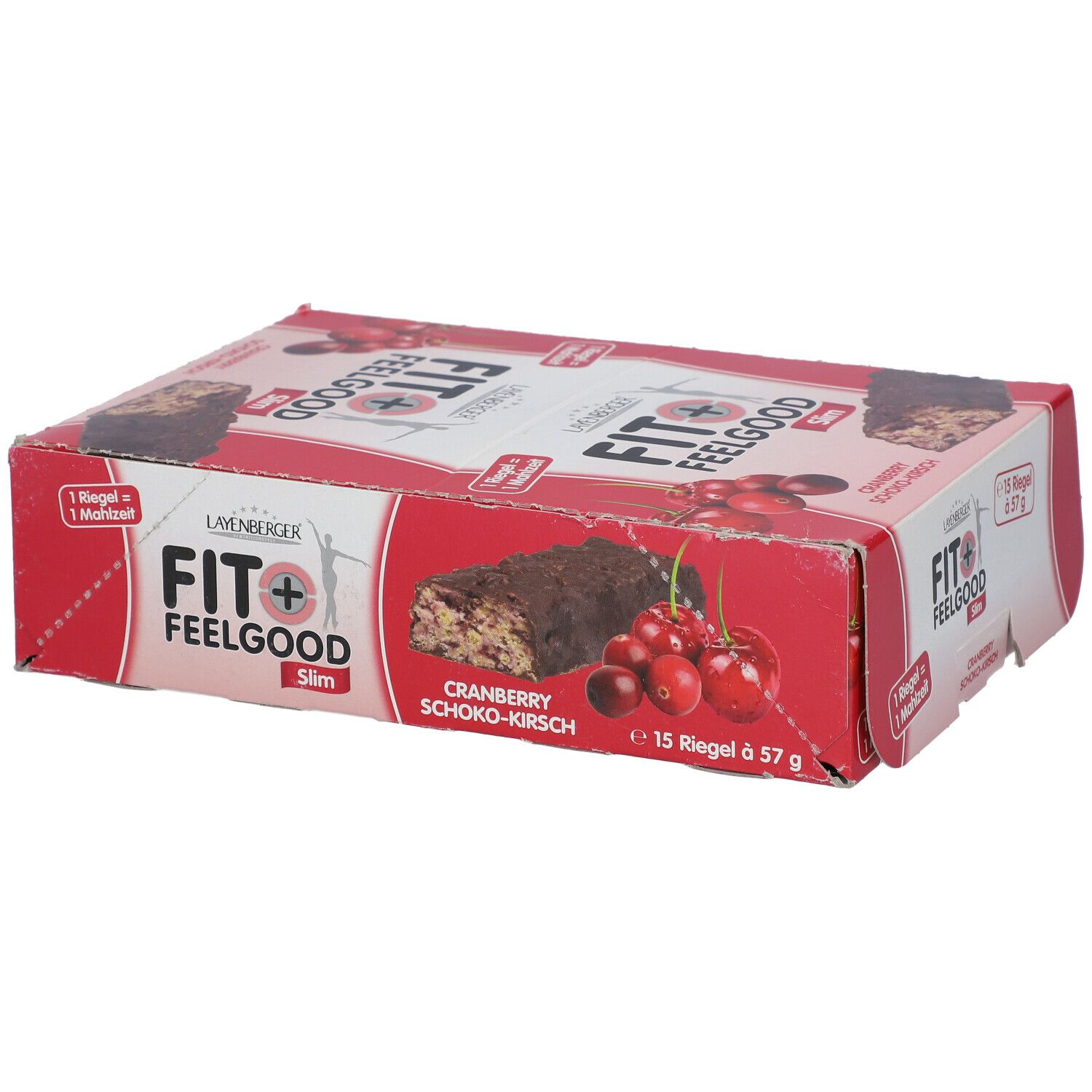 Rote Kartonverpackung mit LAYENBERGER Fit+ Feelgood Slim Riegeln. Aufdruck: Cranberry Schoko-Kirsch, 15 Riegel à 57 g.