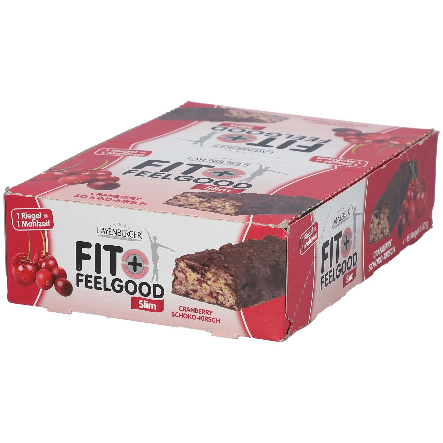 Rote Kartonverpackung mit LAYENBERGER Fit+ Feelgood Slim Riegeln. Aufdruck: Cranberry Schoko-Kirsch, 15 Riegel à 57 g.