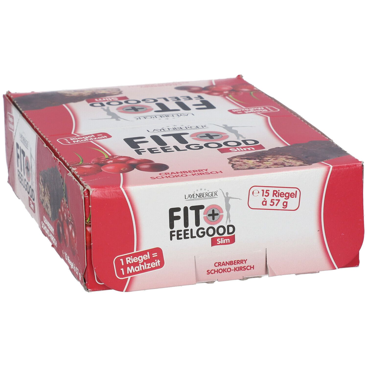 Rote Kartonverpackung mit LAYENBERGER Fit+ Feelgood Slim Riegeln. Aufdruck: Cranberry Schoko-Kirsch, 15 Riegel à 57 g.