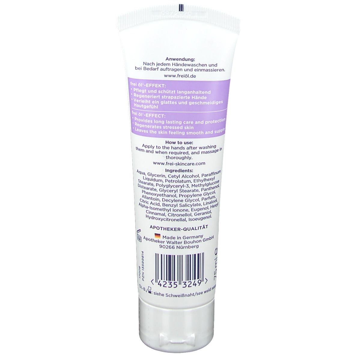 Rückseite der Tube. Text: Anwendung, Inhaltsstoffe, Apotheken-Qualität. Made in Germany. Barcode und Chargennummer. Weiße Tube.