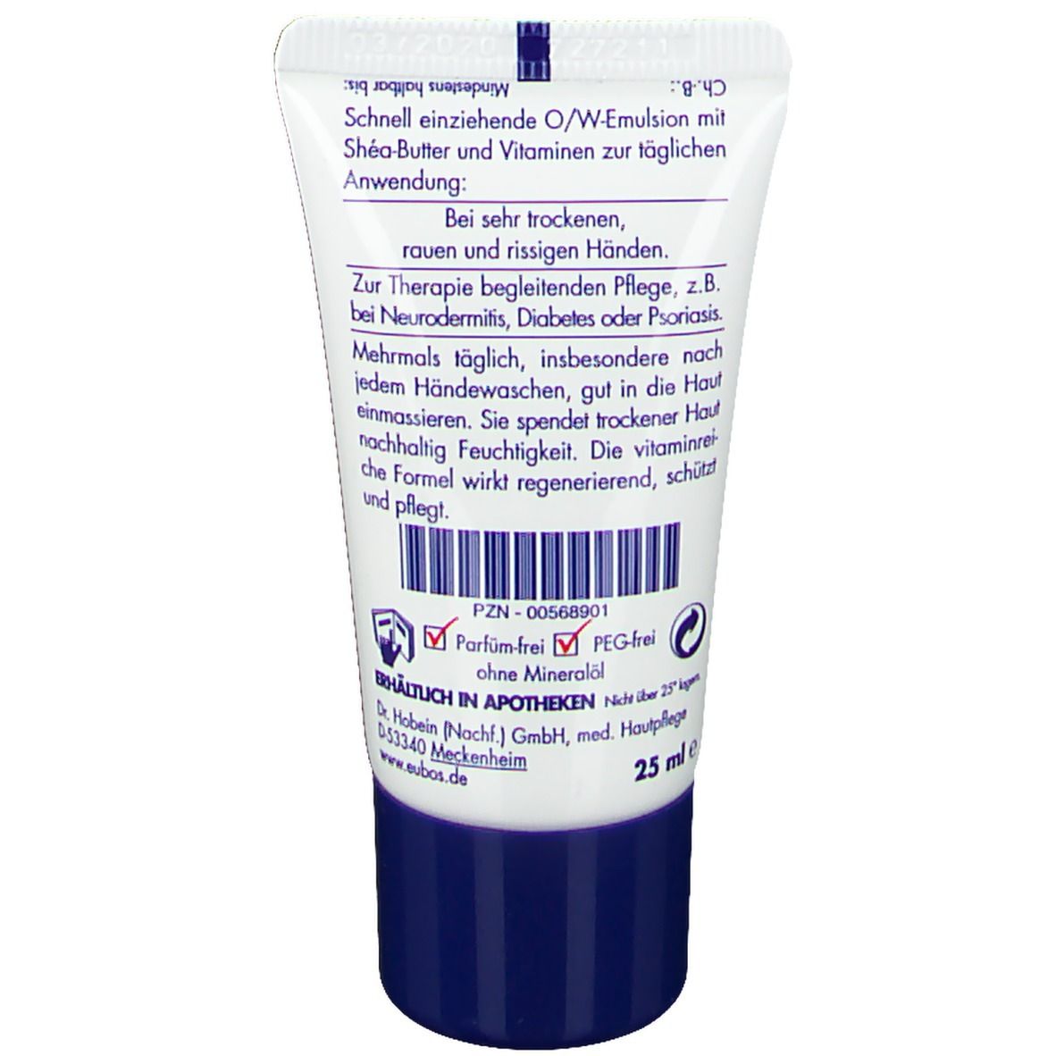 Rückseite der Tube. Text in deutscher Sprache. Enthält Informationen zur Anwendung und Inhaltsstoffe. Mit Zertifizierungen.