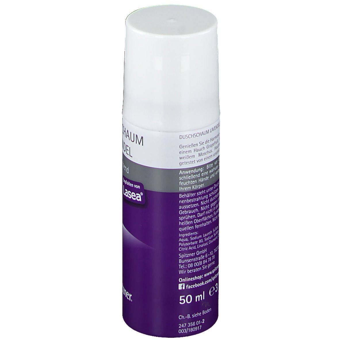 Rückseite der Sprühflasche mit Text. Enthält Informationen zur Anwendung und Inhaltsstoffe. Marke Spitzner. 50 ml.